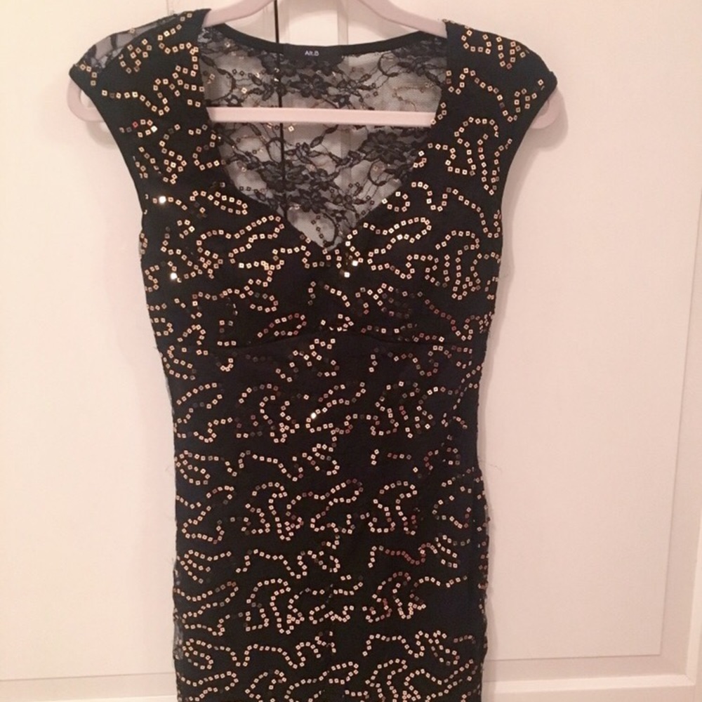 Gold Sequin Little Black Dress with Lace Detail